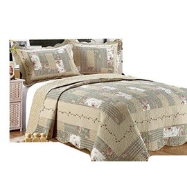 ALL FOR YOU 3-Piece Reversible Bedspread/Coverlet/Quilt Set-Beige, Pink, Burgundy and Gray Green Prints -86"x86"-(Full/Queen)-Highly Recommend Measuring Bed Before Purchase, Size Runs Small