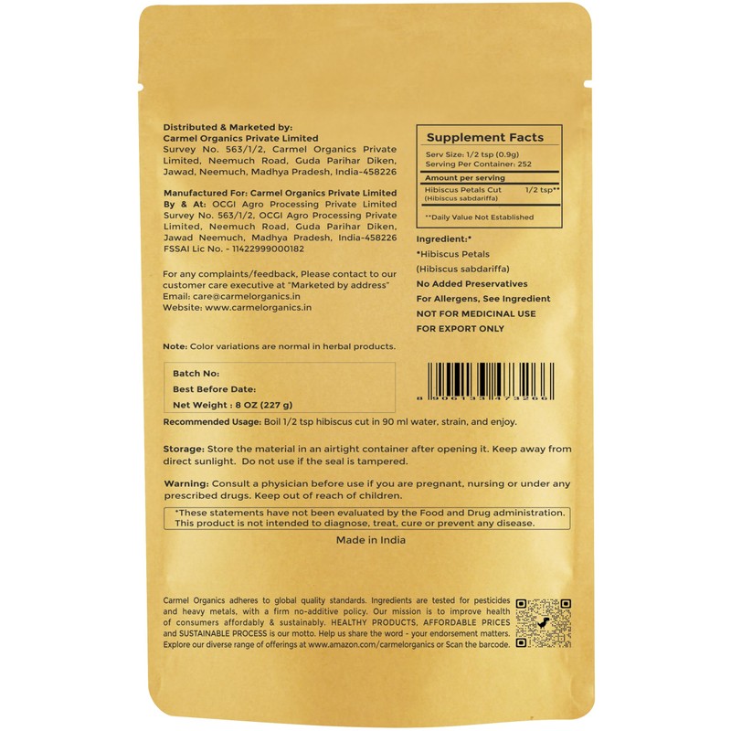 CARMEL ORGANICS Hibiscus Petals – 8 Ounce Cut & Sifted