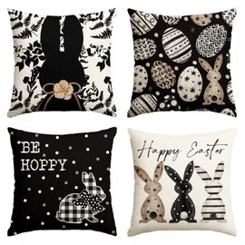 AVOIN colorlife Happy Easter Be Hoppy Rabbit Easter Eggs Black Throw Pillow Covers, 18 x 18 Inch Cushion Case Decoration for Sofa Couch Set of 4