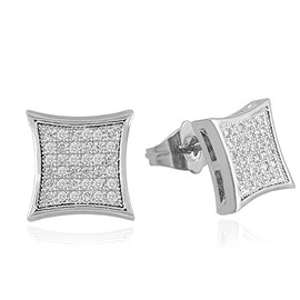 Gold Silver 11mm Square CZ Stud Earring of Mens Boy aretes para hombre, Silver, Cubic Zirconia