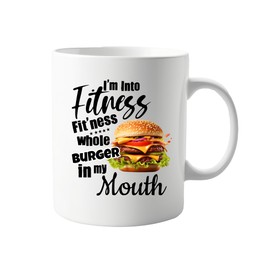 signkitsuk I'm Into Fitness,Fit Ness Whole Burger in My Mouth Gym Lover Joke – Funny Coffee Cup for Workout Enthusiasts, Foodies & Fitness Buffs – Great for Home, Office, or Gag Gift