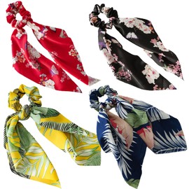 Qigfucm Boho Hair Scarf Scrunchies, 12” Floral Satin Bow Ties Long Bandana, French-Inspired Cheetah Ribbon Ponytail Holder Hair Accessories (Floral, 4 Pack)