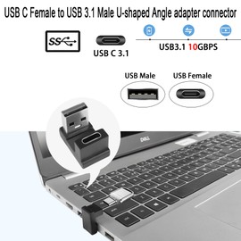 QIANRENON USB 3.1 to USB C U-shaped angle adapter, 10 Gbps USB A male to USB C female 180° angle converter, for OTG data transfer and 3A charging, for laptop tablet, 2 pieces (socket top)