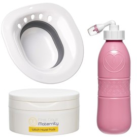 First Days Maternity - Haemorrhoid Care Kit - Foldable Sitz Bath, Large Capacity Peri Bottle & Witch Hazel Pads for Soothing, Cleansing and Caring for Haemorrhoids/Piles (Pink Peri Bottle)