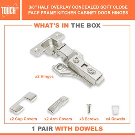 TOUCH Cabinet Hinges (1 Pair, 2 PCS) Face Frame Cupboard Door Soft Close Hinges 3/8" Inch Half Overlay Concealed European Clip-On Hinges for Kitchen Cabinet 3-Way Adjustable with Dowels