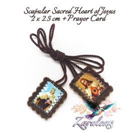 Catholic Scapular Brown Wool Rectangular Icon Handmade Sacred Heart of Jesus with Our Lady Mt Carmel by Zaraleas (2cm x 2.5cm)