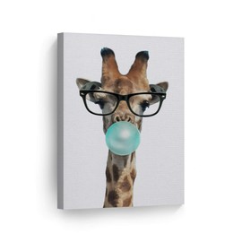 Smile Art Design Cute Giraffe with Glasses Animal Bubble Gum Art Teal Blue Canvas Print Wall Art Home Decoration Pop Art Living Room Kids Room Decor Nursery Ready to Hang Made in The USA 12x8