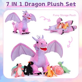 Muiteiur 7 Piece Dragon Stuffed Animals, 21.6 Inch Large Mommy Fly Dragon with 4 Baby Dragon and 2 Eggs, Soft Plush Pink Dragon with Babies Toy Gift for Kids Boys Girls