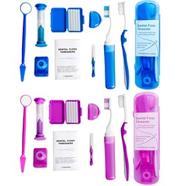 Wenge Kit de cuidado oral portátil de ortodoncia – Paquete de 2 – Kit de viaje para pacientes, cepillo para polvo de dientes de cera de cepillado interdental (morado y azul)