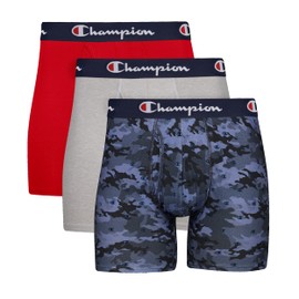 Champion Men's Underwear Boxer Briefs, Total Support Pouch, Cotton Stretch, 3-Pack, Blue Graphic Print/Scarlet/Oxford Grey Heather-3 Pack, Large