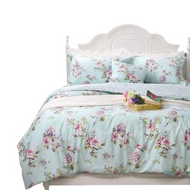 FADFAY Girls Bedding Floral Duvet Cover Set Twin Size Hydrangea Flower 100% Cotton Soft Quilt Cover Set Reversible Zipper Green Blue Bed Cover 3 Piece- No Filling