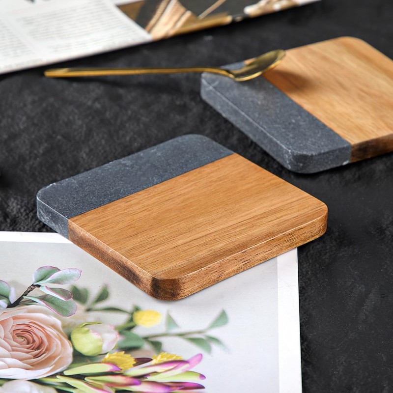 LiWiBet Acacia Wood Black Marble Coasters for Drinks Set of