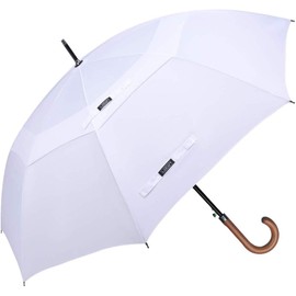 G4Free Wooden J Handle Classic Golf Umbrella Windproof Auto Open 52 inch Large Oversized Double Canopy Vented Rainproof Cane Stick Umbrellas for Men Women (White)