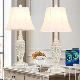 Sheetea 2-Pack 26.8’’ Vintage Table Lamps with Dual USB Charging Ports & AC Outlet, Traditional White Bedside Lamps Set of 2 with Carved Resin Base and Faux Silk Shade for Bedroom, Living Room, Office
