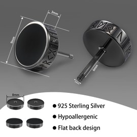 FEEL STYLE 925 Sterling Silver Viking Rune Stud Earrings for Men Women with Natural Black Onyx Flat Back Hypoallergenic