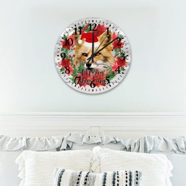 15 Inch Fox Wearing A Christmas Hat Wreath Small Wall Clock Battery Operated Silent Non-Ticking Fox Baby' First Christmas Indoor Clocks Arabic Numeral Round Clock for Bedroom Living Room Home Decor