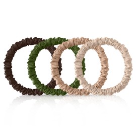 4Pcs 100% Mulberry Silk Scrunchies Hair Care, 22 Momme Mulberry Silk Skinny Hair Ties Elastic, Hair Ties Scrunchies Set Women Curly Thin Hair (Blonde,Camel,Green,Dark Brown)