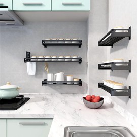 ABCOOL Wall Mount Kitchen Organizers Storage Spice Rack， Bathroom Shower Caddy， Pantry Jars Can Seasoning Shelves， Detachable Metal Bar Snap-in Assemble