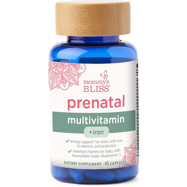 Mommy’s Bliss - Prenatal Multivitamin + Iron - Women's Iron Supplement for Energy Support with B Vitamins, Probiotics, Essential Vitamins for Baby with Bioavailable Folate - 45 Capsules