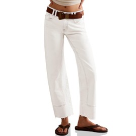 Cicy Bell Womens Straight Leg Stretchy Jeans Mid Rise Front Seam Raw Hem Ankle Denim Pants with Pockets White