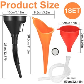 VireEyU 6 Piece Funnel Set, Filling Funnel Set, Right Angle Flexible Plastic Funnel Set, with Hose and Strainer for Oil Change, Funnel Set for Car, Workshop and Household