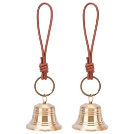 PLIGREAT 2 Pcs Vintage Brass Hanging Bell for Door Knob Decoration Gold Bell with Leather Rope Key Ring for Shopkeeper Home Garden Christmas Decor Dog Bells to Go Outside