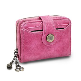 AdiStylinno Small Wallets, PU Leather Bifold Card Holder Wallet with Coin Pocket, Flower Decoration Compact Purse for Women (Pink)
