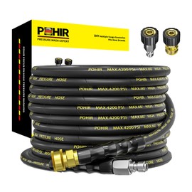 POHIR Power Washer Hose 25FT x 1/4 Inch with 3/8" Quick Connector, High Tensile Wire Braided Heavy Duty Kink Resistant High Pressure Hose 4200PSI, 2 Pcs M22 to 3/8 Adapters Set Accessories