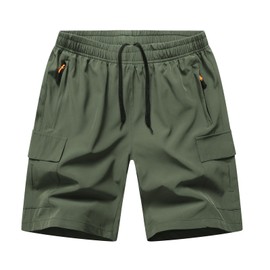 HONCAN Boys Pull on Cargo Shorts, Outdoor Kids Youth Quick Dry Hiking Shorts, Lightweight Elastic Waist Athletic Short with Zipper Pockets(9069-Green12)