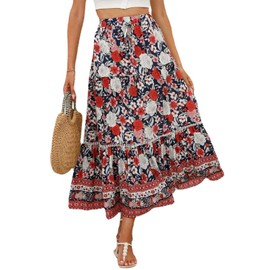SotRong Women's Summer Boho Skirts High Waist Floral Print Pleated Midi Skirt Casual Flowy Swing A Line Chiffon Beach Long Skirts Red S