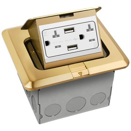 ENERLITES Pop-Up Square Floor Box Kit, 5.0” x 5.0”, 2.1A USB Charging, 20A Tamper-Resistant Receptacle, Watertight Gasket and Corrosive Resistant Hardware, 961243-C-USB, Brass Cover