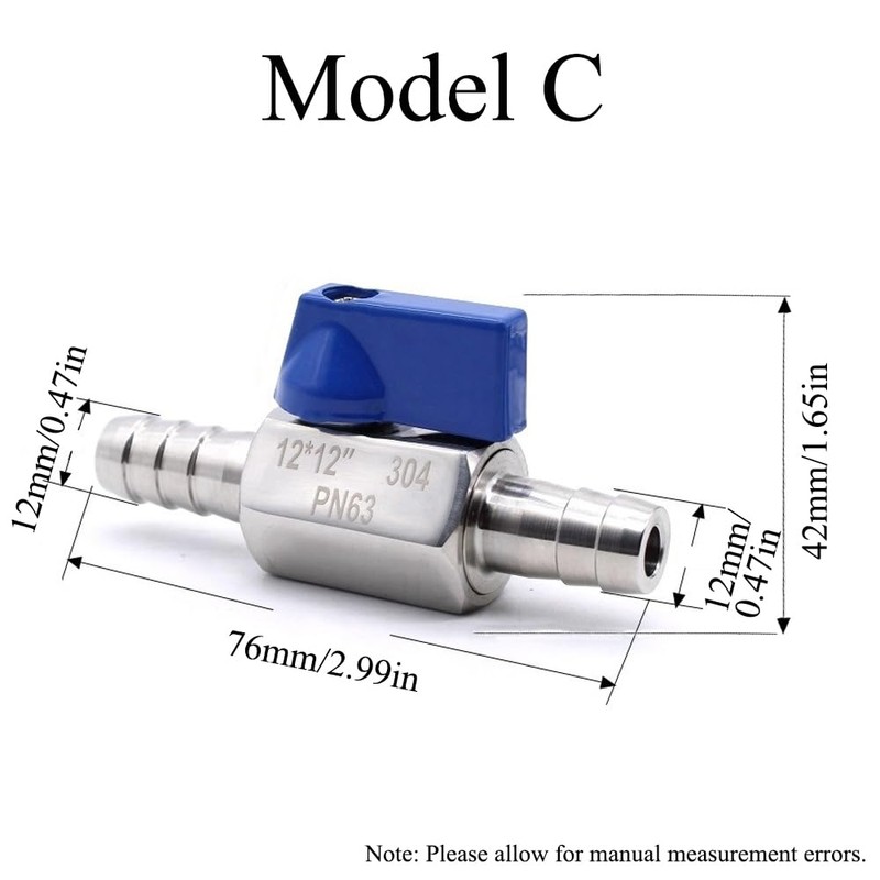 Stainless Steel Ball Valve, 12mm Barb x Barb Mini Shut