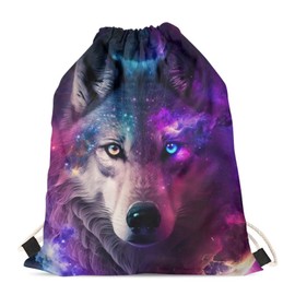 Upetstory Galaxy Wolf Backpack Gym Drawstring Bags Hiking Daypacks Swimming Bags Sport Trip Yoga Cinch Sack Pack for Hiking Cycling Camping Running