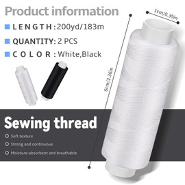 Bupete 2 Rolls White Black Thread for Sewing, 200 Yards Each Roll Sewing Thread, Polyester Threads for Sewing Machine Embroidery Hand Stitching