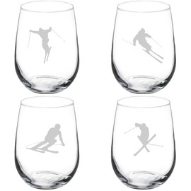 MIP Set of 4 Wine Glass Gift Ski Skier Collection (17 oz Stemless)