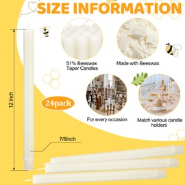Nuanchu 24 Pack 51% Beeswax Candles with Self-Fitting Ends White Beeswax Taper Candles 7/8 Inch x 12 Inch for Home Decor, Wedding Centerpieces, Dinner Parties and Holiday Decorations