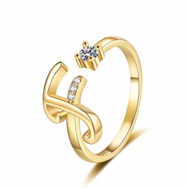 Initial Letter Ring for Women Girls Gold Plated Stackable Alphabet Rings Adjustable Open Cubic Zirconia Inlaid Rings Thumb Finger Comfort Fit Bridesmaid Gift Jewelry for Girlfriend Mom (F)