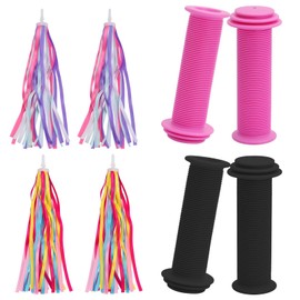 Ruicaifu Kids Bike Cycling Grips with Tassels, 4 PCS Bicycle Handlebar Streamers with 4 PCS 22mm Kid Bike Handle Grips, Soft Bike Rubber Handlebar Grips Rainbow Handlebar Tassels for Bikes Scooters