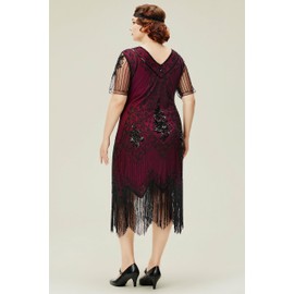 BABEYOND Plus Size 1920s Art Deco Fringed Sequin Dress Flapper Gatsby Costume Dress for Women Red and Black