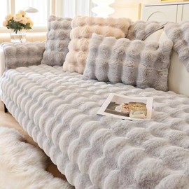Thick Rabbit Plush Sofa Cover 1 2 3 Seater, Universal Non Slip Corner Sofa Cover L Shape Super Soft Faux Fur Sofa Slipcovers for Living Room, light gray, 90 * 120cm