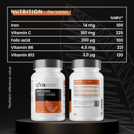 CYB High-Strength Iron Complex – 180 Tablets - Chelated Iron 14mg (as Gluconate) (100% NRV) Plus Folic Acid, Vitamins B12, B6 and C - Formation of Red Blood Cells, Reduction of Tiredness and Fatigue
