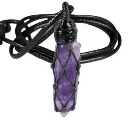 TUMBEELLUWA Hexagonal Amethyst Crystal Points Pendant Necklace for Unisex Wrapped Stone Wand Pendant with Adjustable Cord