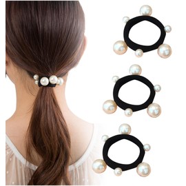 [Herbeluemily] ヘアゴム ヘアアクセサリー パール 黒ゴム ジャージヘアゴム ソフトヘアゴム 韓国風 3個セット