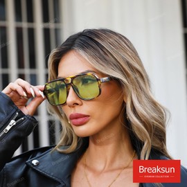 Breaksun Retro Aviator Sunglasses for Women Men Trendy Classic 70s Square Green Aviator Sun Glasses Vintage Shades (Green leopard/Green)