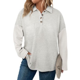 Eytino Plus Size Sweatshirts for Women Button V Neck Long Sleeve Waffle Patchwork Oversized Pullover Shirts Tops,2X Light Grey