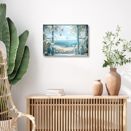 Window Beach Canvas wall art Coastal wall decor Picture White flowers and butterflies Painting Artwork Horizontal Nature Landscape Seaside Summer Print for living room home Decoration 12x16in