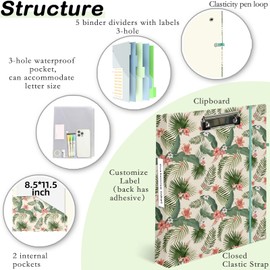 Etzul 3 Ring Binder 1 inch with Clipboard - Tropical Palm Leaf Design, Includes Dividers, File Bag & Spine Label - Perfect for School, Office, and Organization, Holographic Waterproof Film