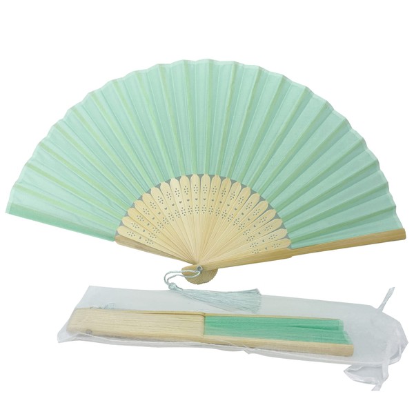 FANSOF.FANS Fabric Handheld Folding Hand Fan With a Tassel Grade A Bamboo Ribs for Women Girls Summer Party Event Favour Birthday Wedding Souvenir Gift (Light Turquoise)