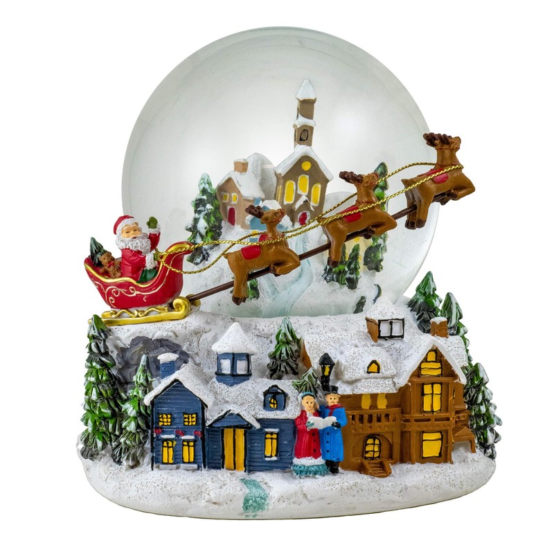 Santa w/Reindeer Flying Over Village Snow Globe by The San
