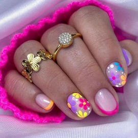 Flower Press on Nails Short Almond Fake Nails Full Cover Oval Shaped False Nails with Colorful Flowers Cute French Tip Glue on Nails Glossy Spring Summer Small Flowers Acrylic Nails for Women